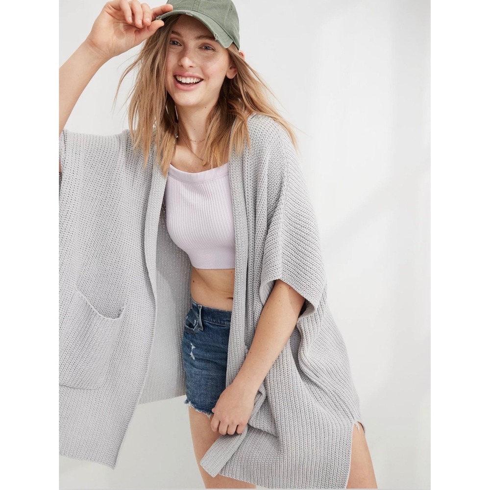 Aerie Ribbed Hooded Sweater Cape Women's Gray Open Front Shaker Knit Oversized M